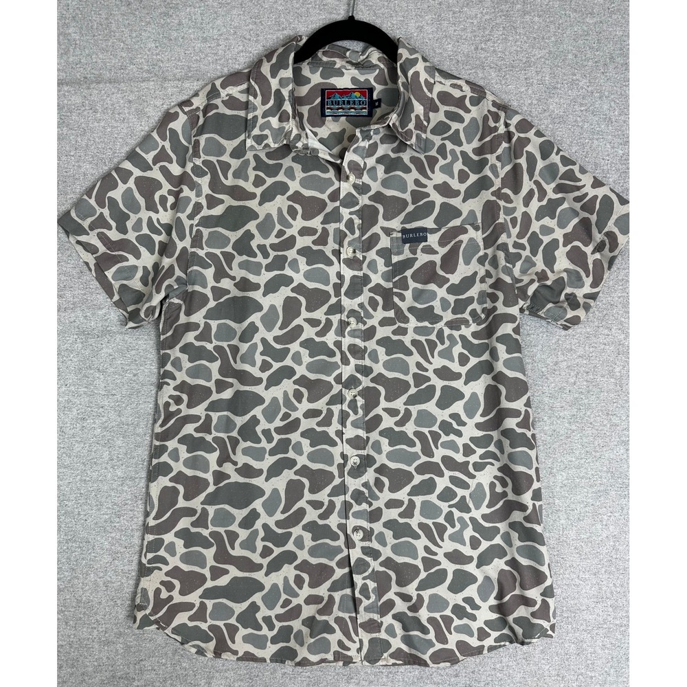 Burlebo Button Down Shirt Mens Size M Green Camo Retro Duck Camo SS